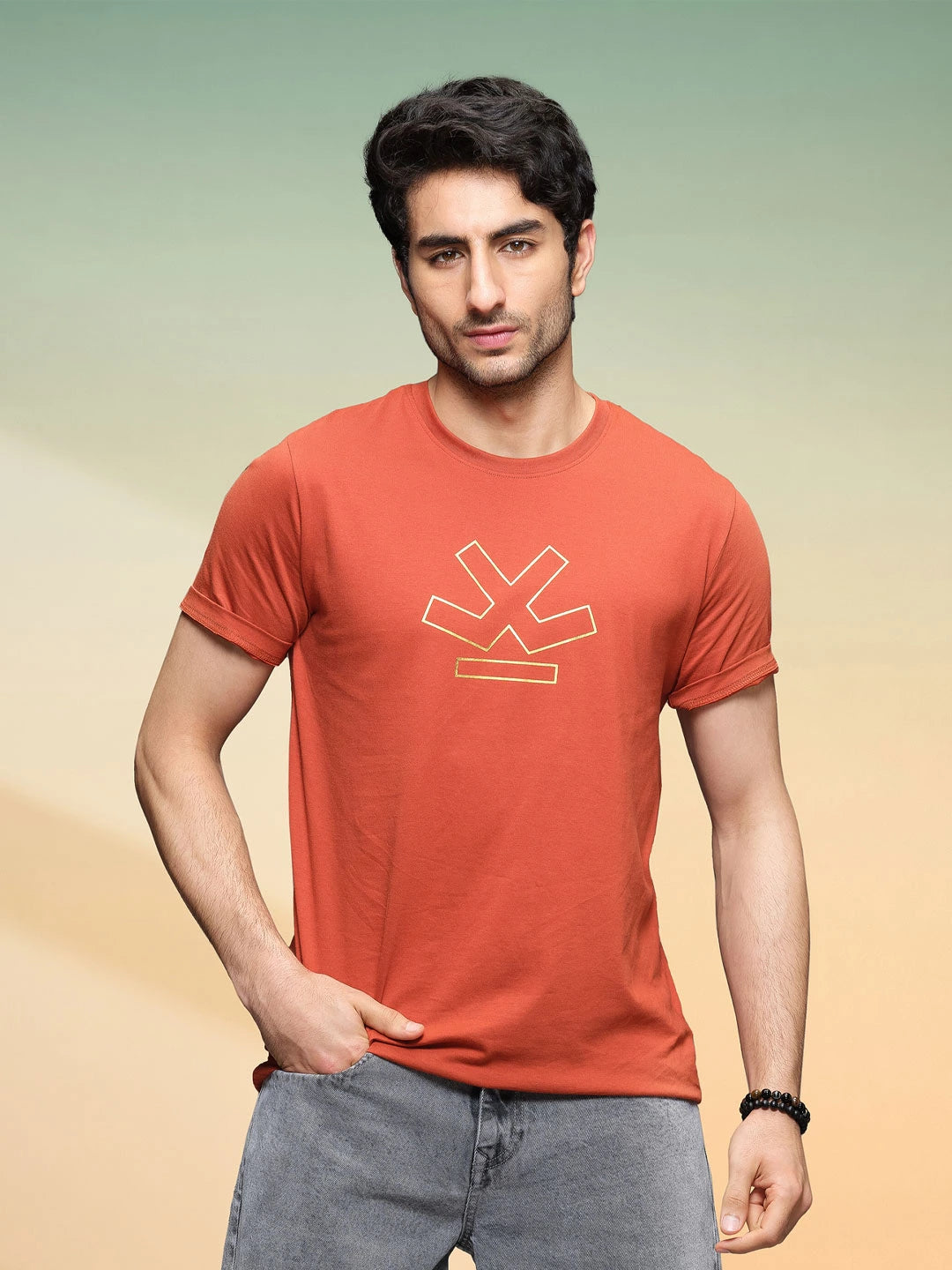 Silver Foil Print Slim Fit T-Shirt | Rust