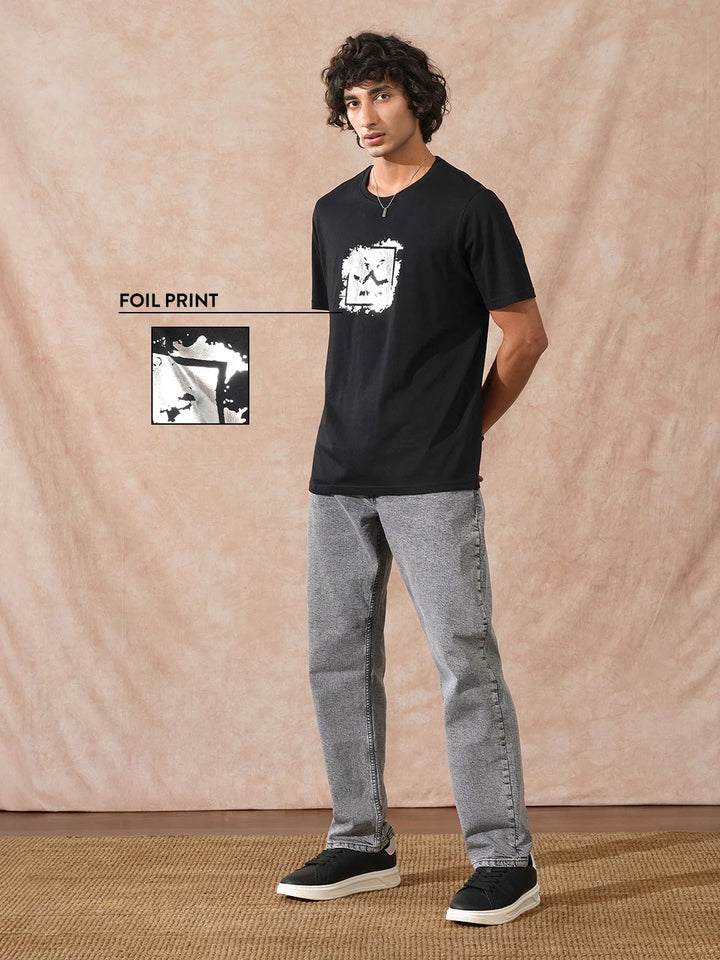 Foil Printed Slim Fit T-Shirt | Black