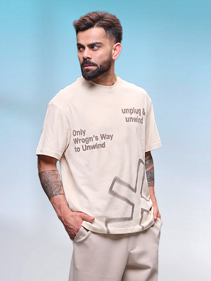 Casual Men Oversized Fit Tee With Placement Graphic | Beige