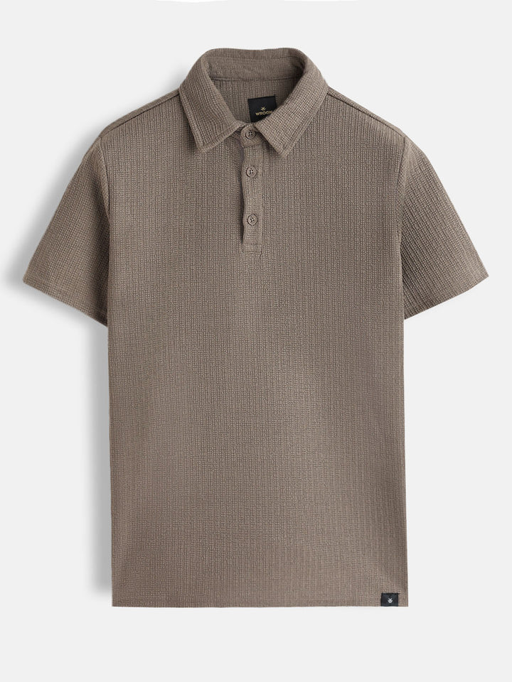 Textured Jacquard Self Design Polo In Slim Fit  |  Khaki