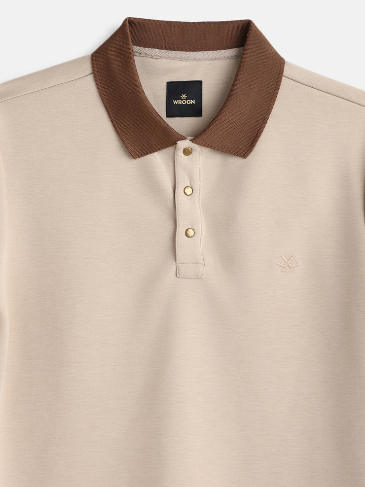 Men Slim Fit Polo Collar T-Shirt With Contrast Collar | Beige