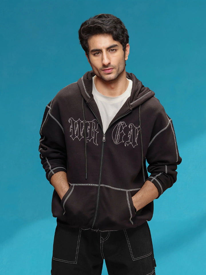 Oversized Fit Zip-Through Hoodie With Contrast Stitch | Black – Wrogn