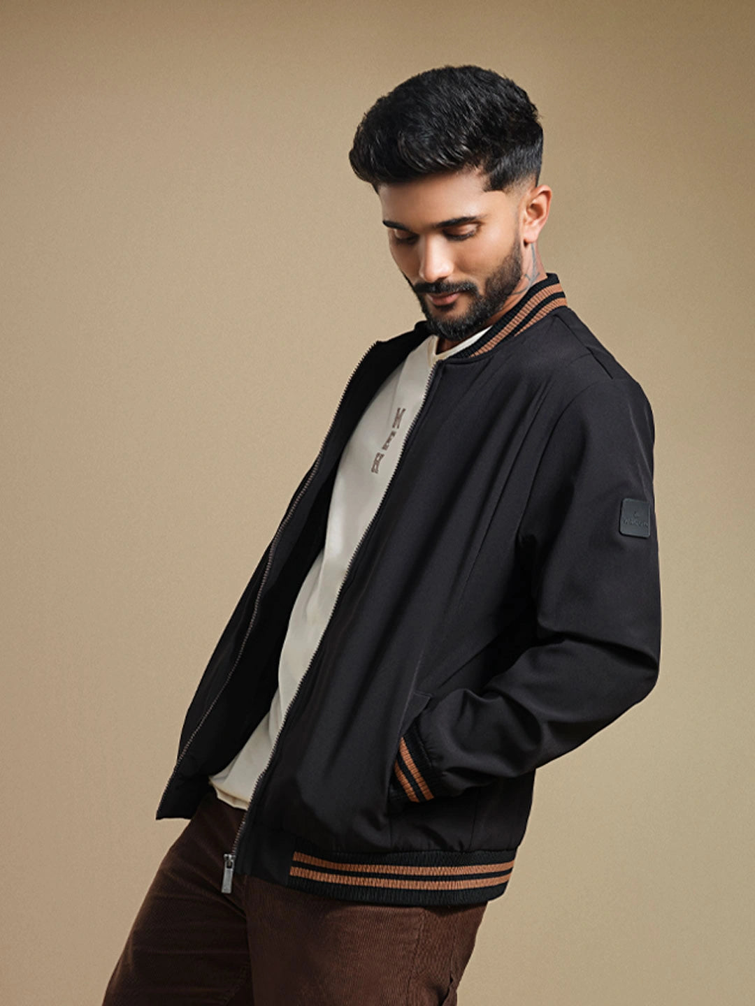 Striped Rib Slim Fit Bomber Jacket | Black