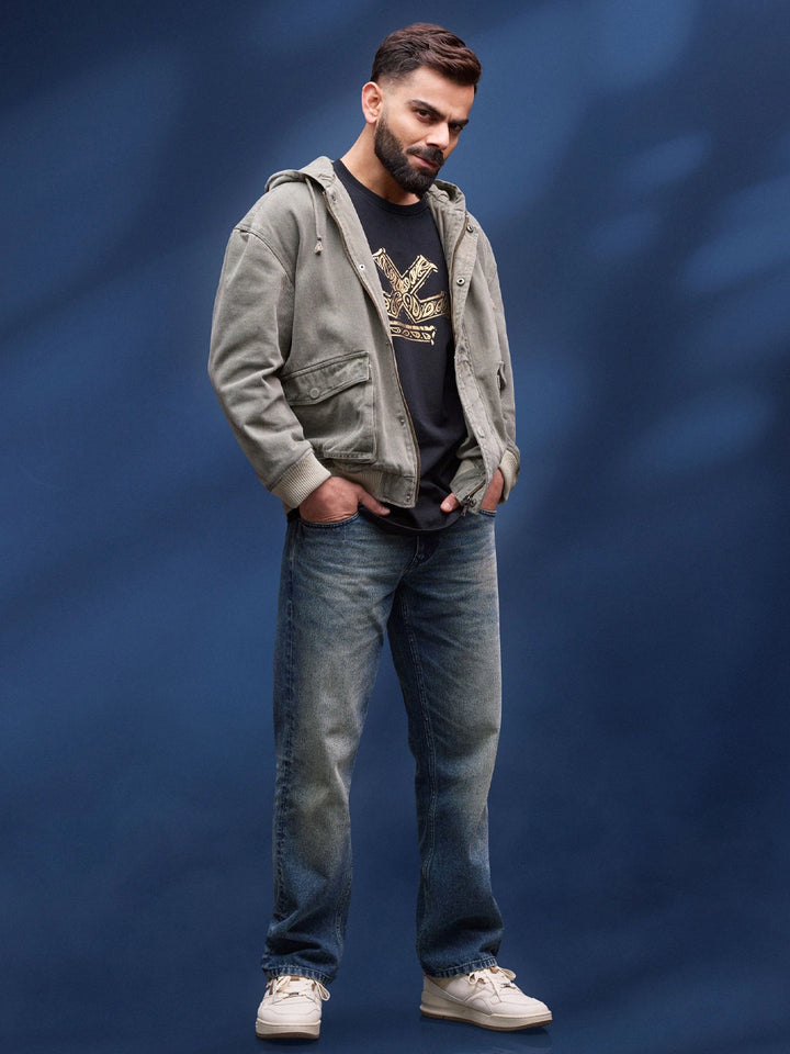 men's casual oversized crop fit front zipper hooded jacket | Olive