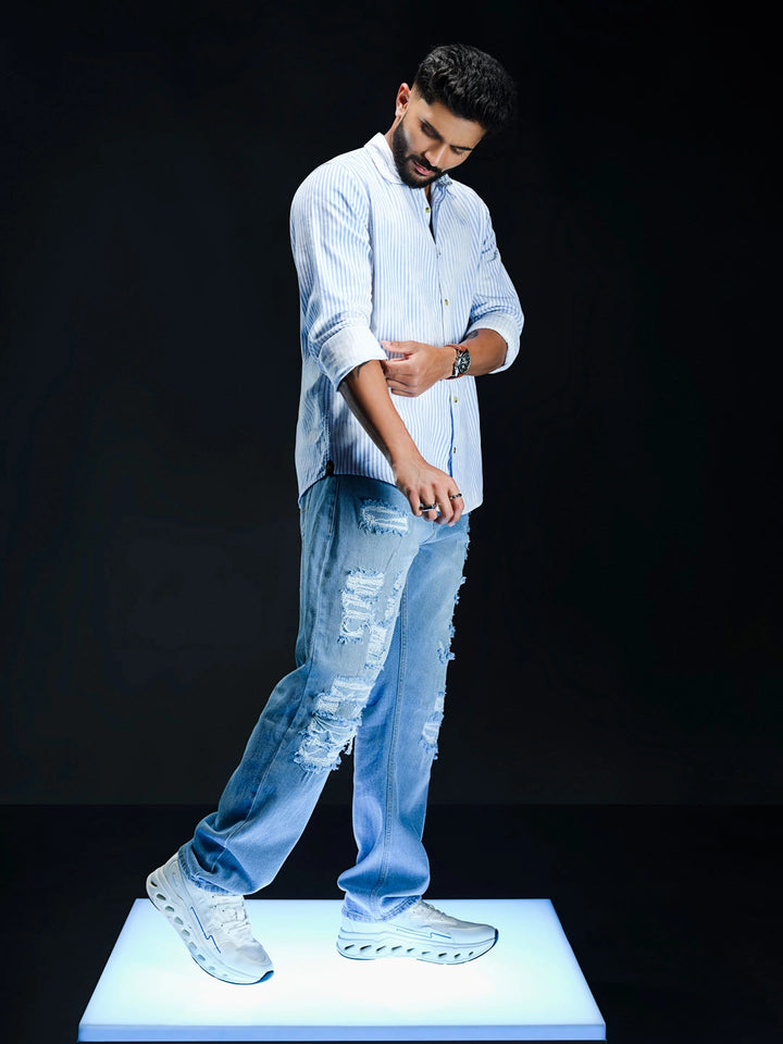 Solid Anti Fit Distressed Jeans | Light Blue