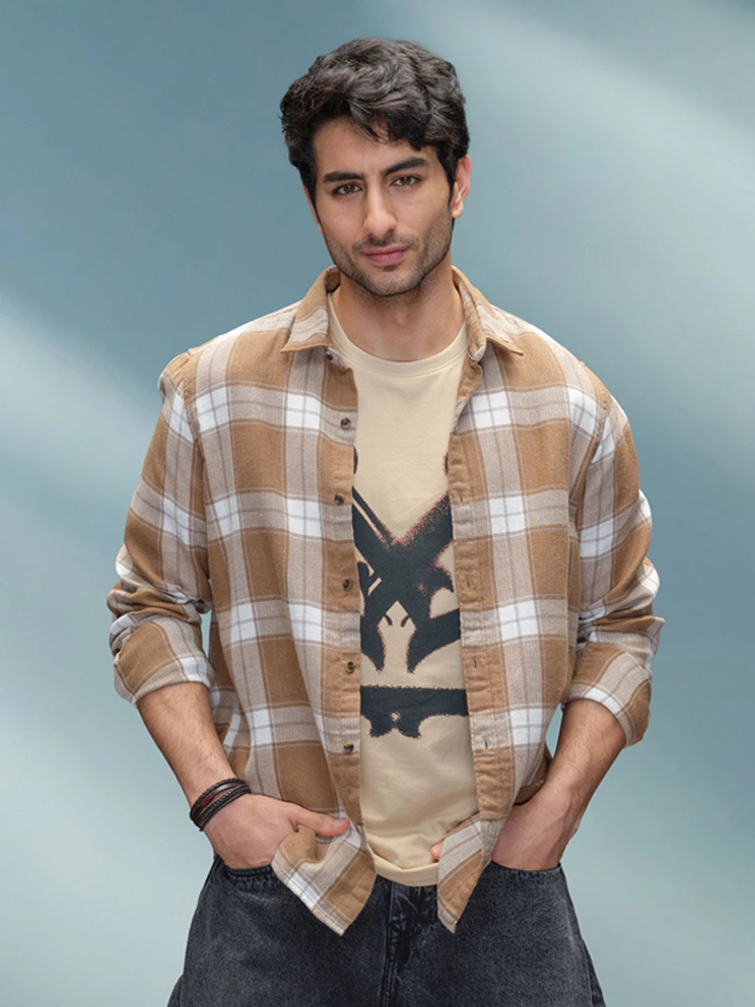 Double Layered Check Slim Fit Shirt | Brown