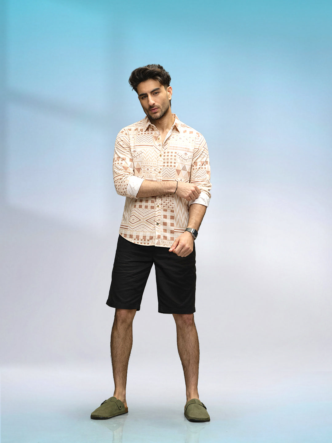 Corduroy Geometric Printed Shirt In Slim Fit | Beige