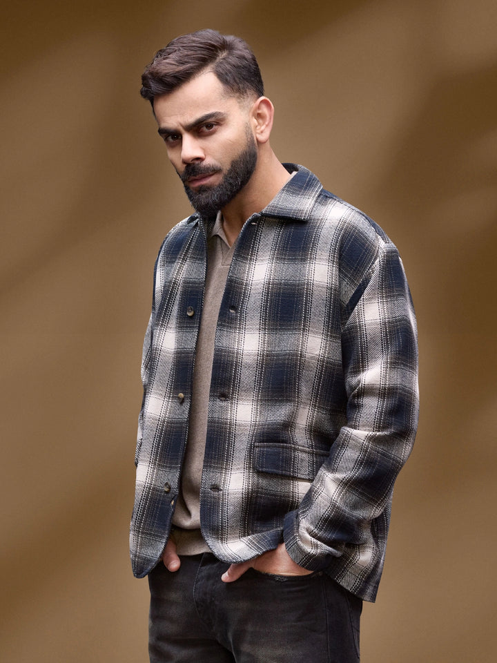 Men's Casual Regualr Fit Checkered Pattern Shacket | Black