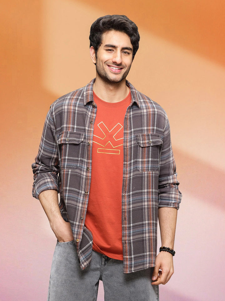 Textured Utility Check Shirt In Slim Fit  | Dark Grey