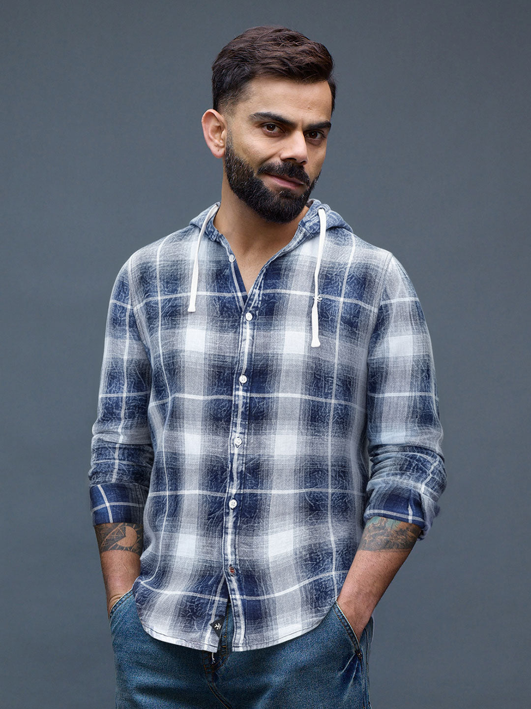 Casual Slim Fit Shadow Checkered Pattern Shirt | Navy Blue – Wrogn