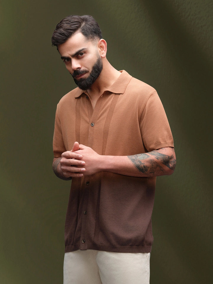Textured Knit Button-Down SHIRT  | Brown