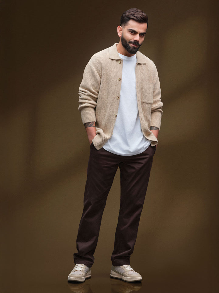 Textured Knit Button-Down Sweater  | Beige