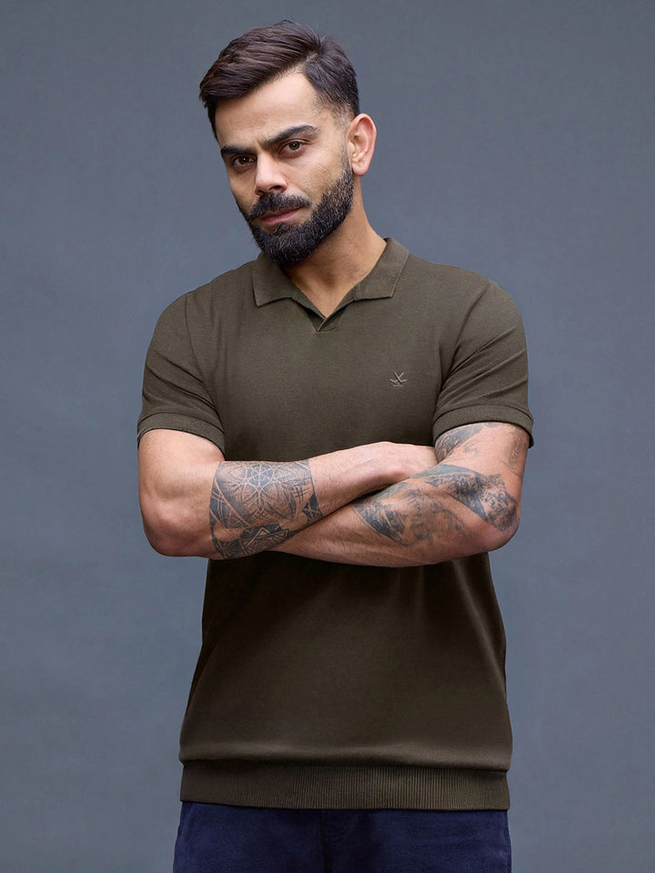 Premium Flat Knit Slim Fit Polo T-Shirt | Olive
