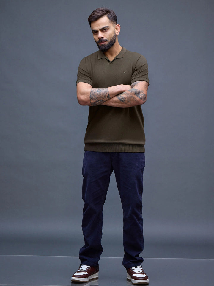 Premium Flat Knit Slim Fit Polo T-Shirt | Olive