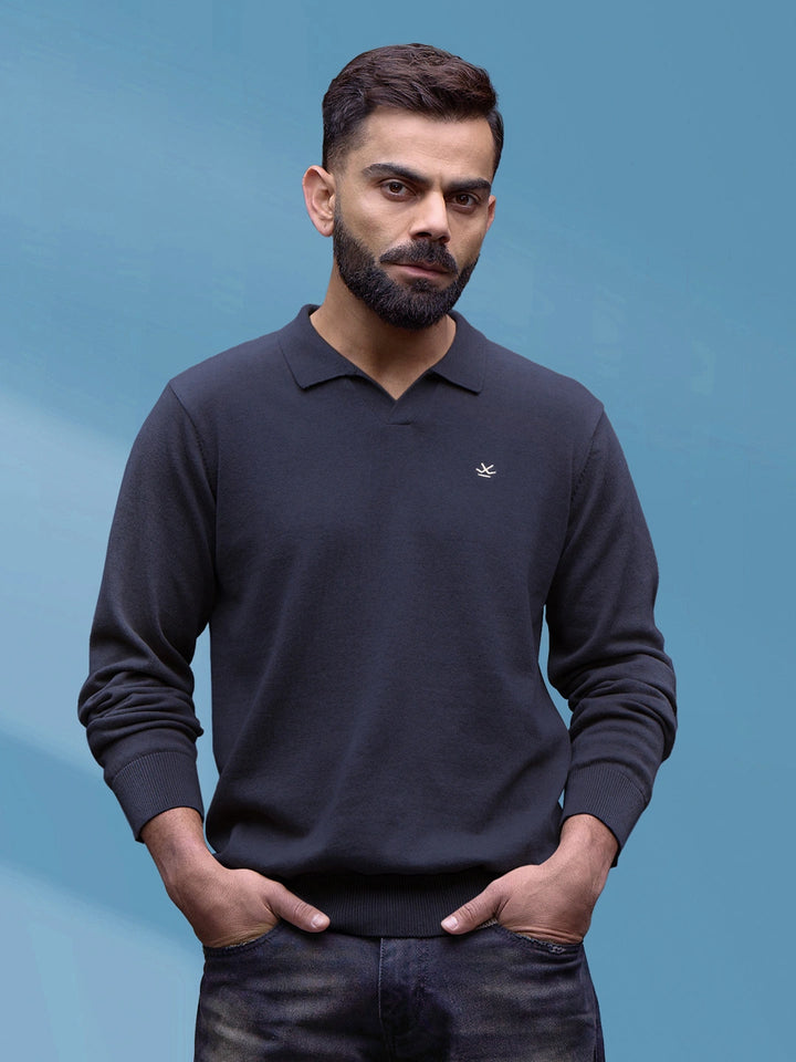 Premium Flat Knit Johnny Collar Polo T-Shirt  | Navy Blue