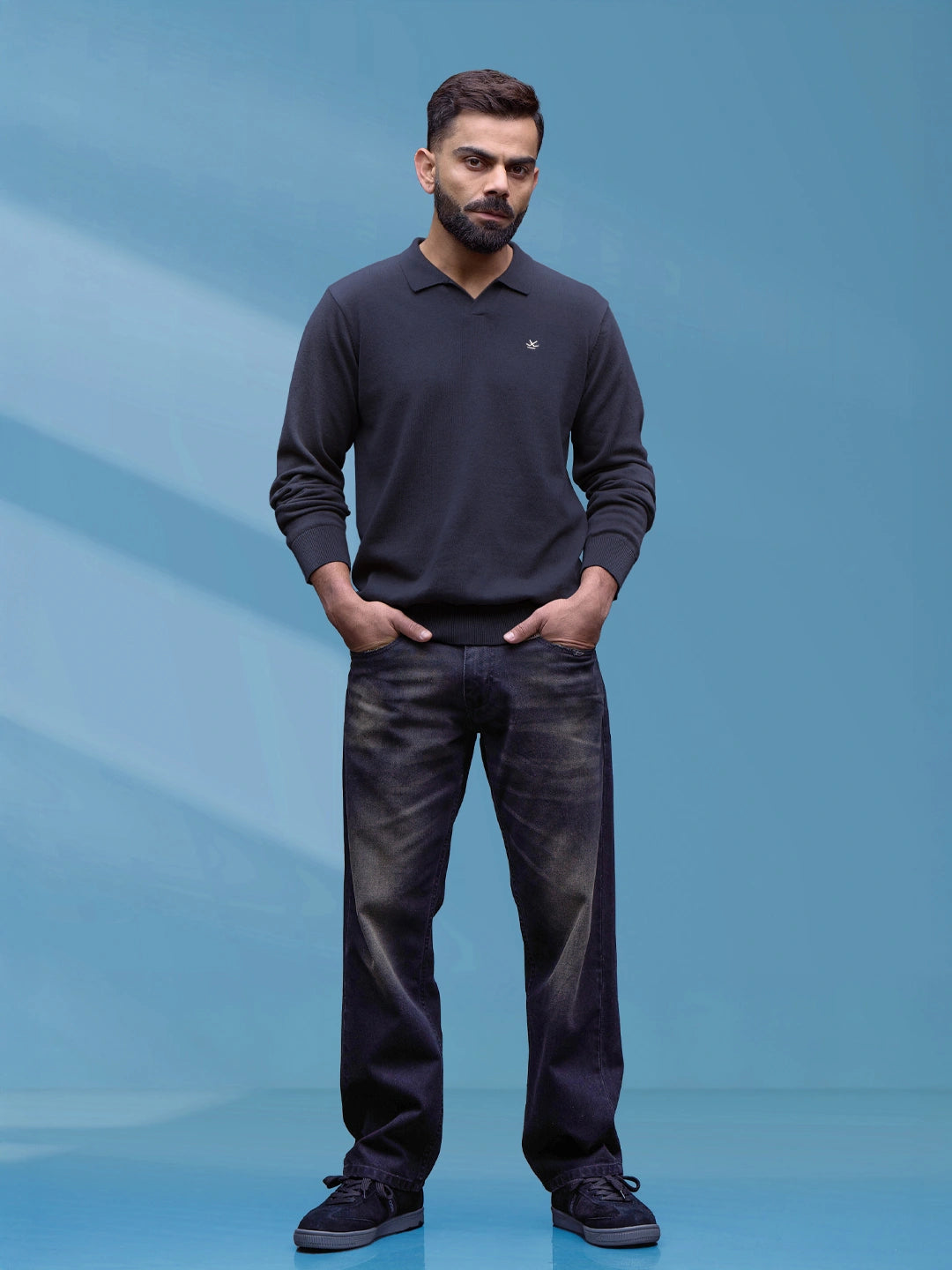 Premium Flat Knit Johnny Collar Polo T-Shirt  | Navy Blue