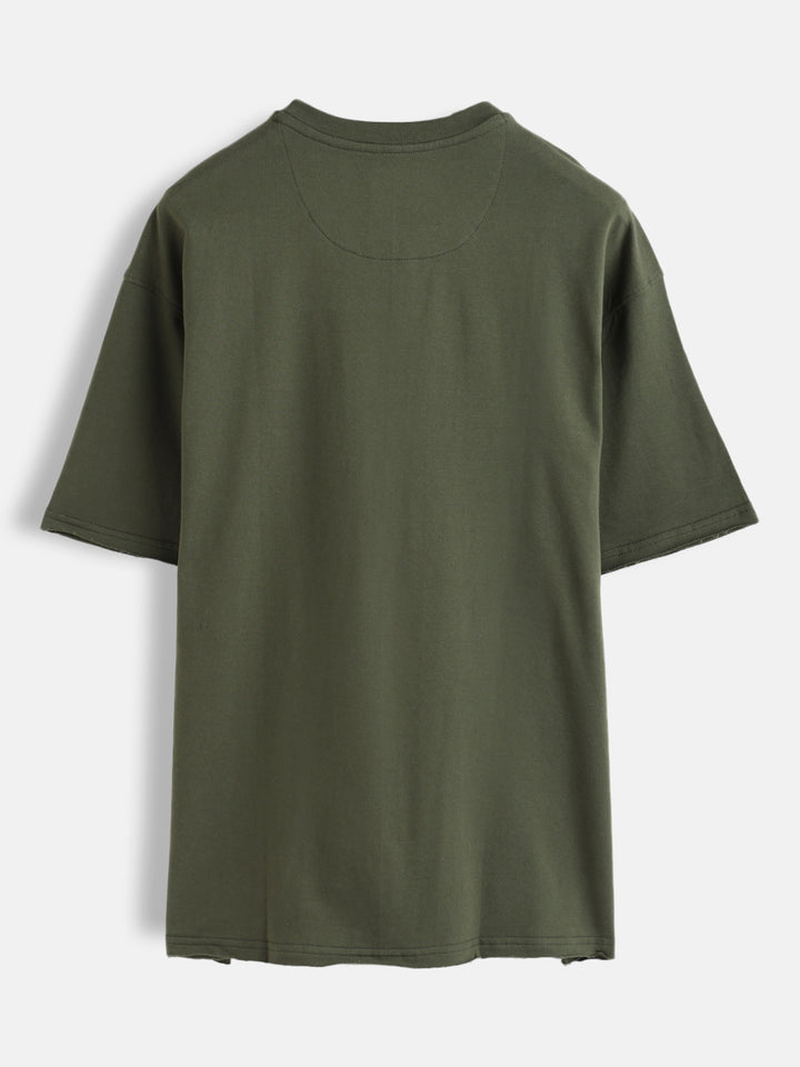 Solid Oversized T-Shirt With Printed Canvas Patch And Raw Edge Detail | Olive