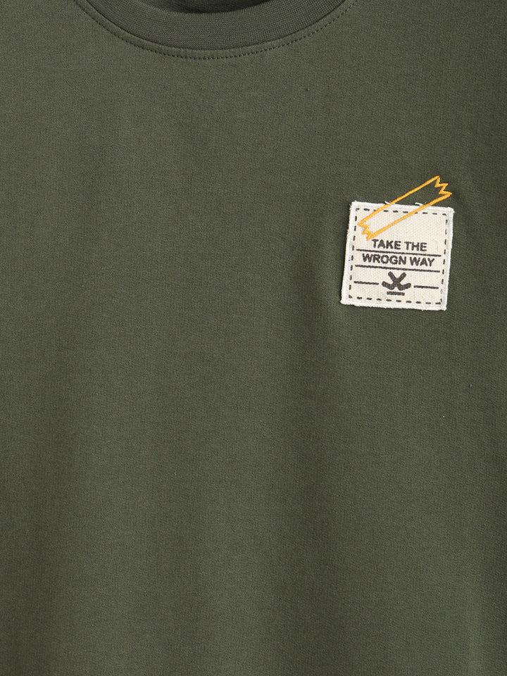 Solid Oversized T-Shirt With Printed Canvas Patch And Raw Edge Detail | Olive