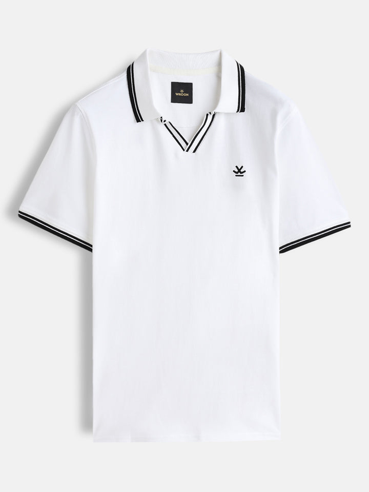 Slim Fit 100% Cotton Johnny Collar Polo With Contrast Tipping | White