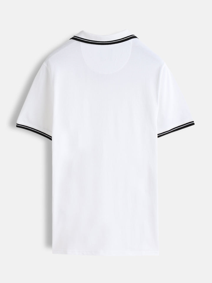 Slim Fit 100% Cotton Johnny Collar Polo With Contrast Tipping | White