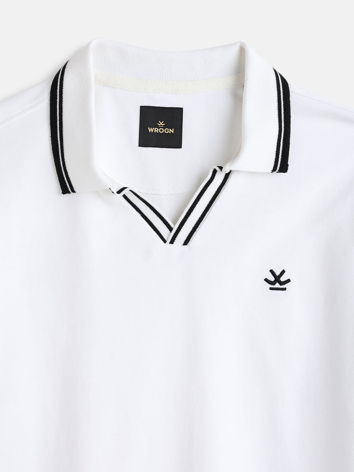 Slim Fit 100% Cotton Johnny Collar Polo With Contrast Tipping | White