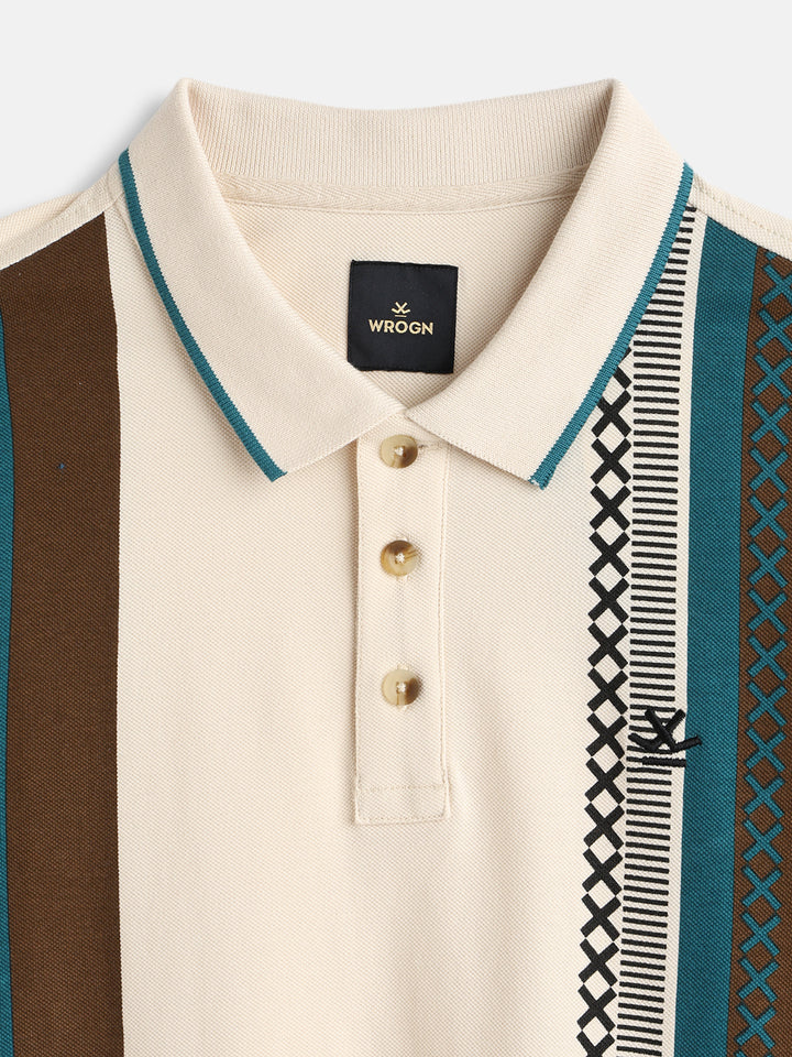 Cross-Stitch Inspired Printed Striped Slim Fit Shirt | Beige
