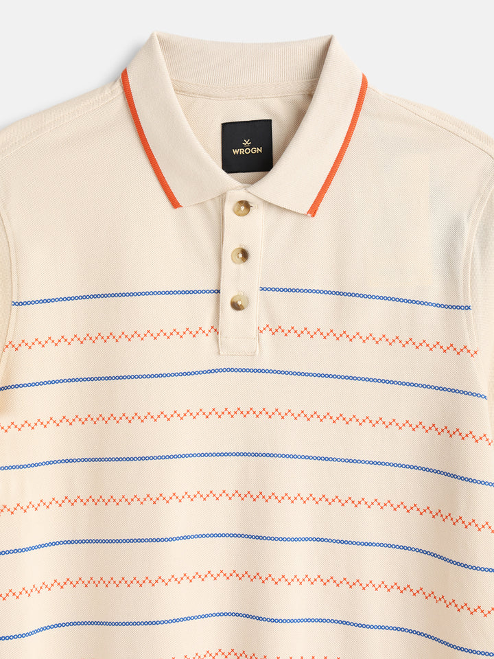 Embroidered Look Engineered Aop Polo T-Shirt  | Beige
