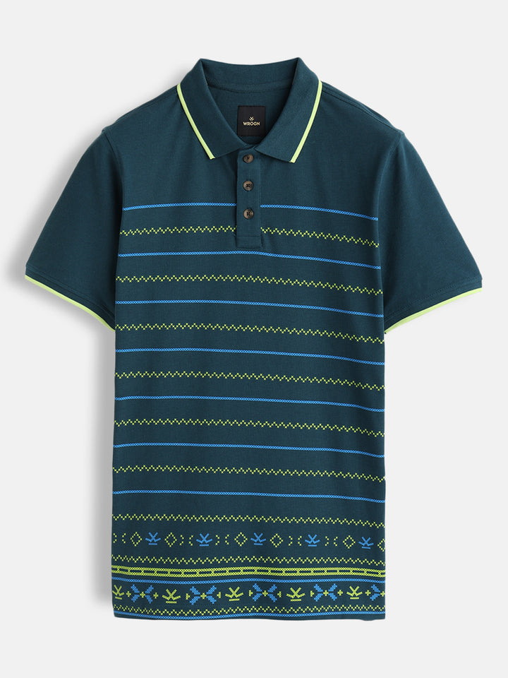 Embroidered Look Engineered Aop Polo T-Shirt  | Teal