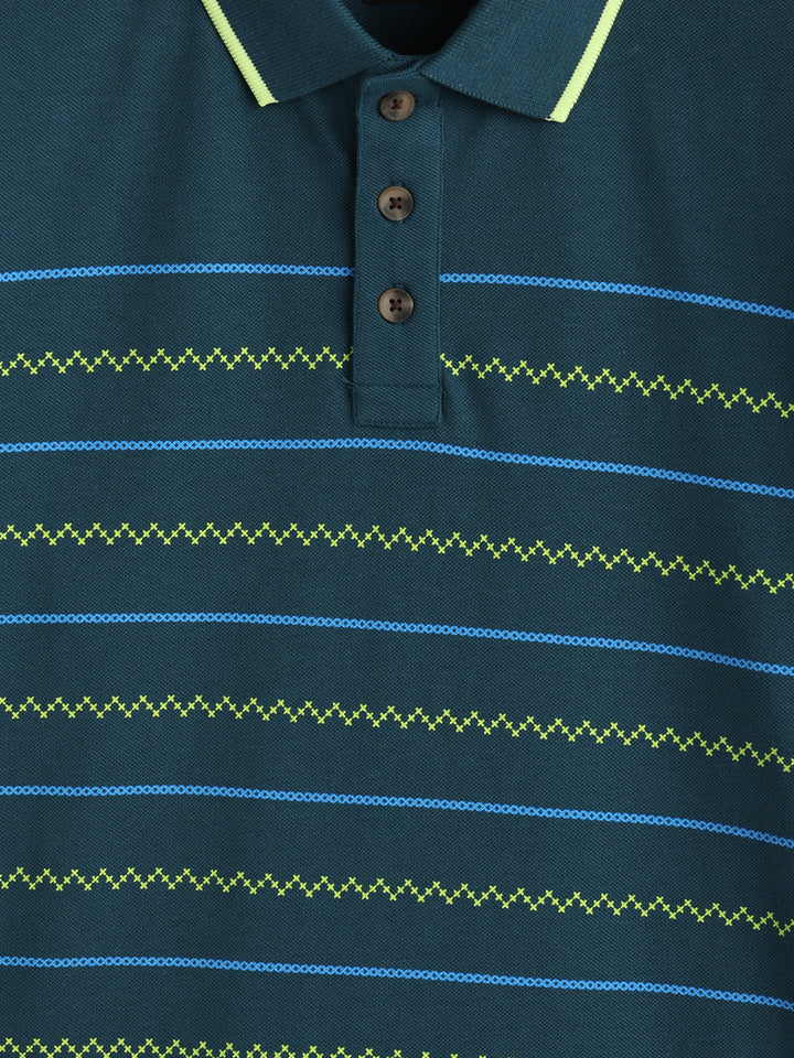 Embroidered Look Engineered Aop Polo T-Shirt  | Teal