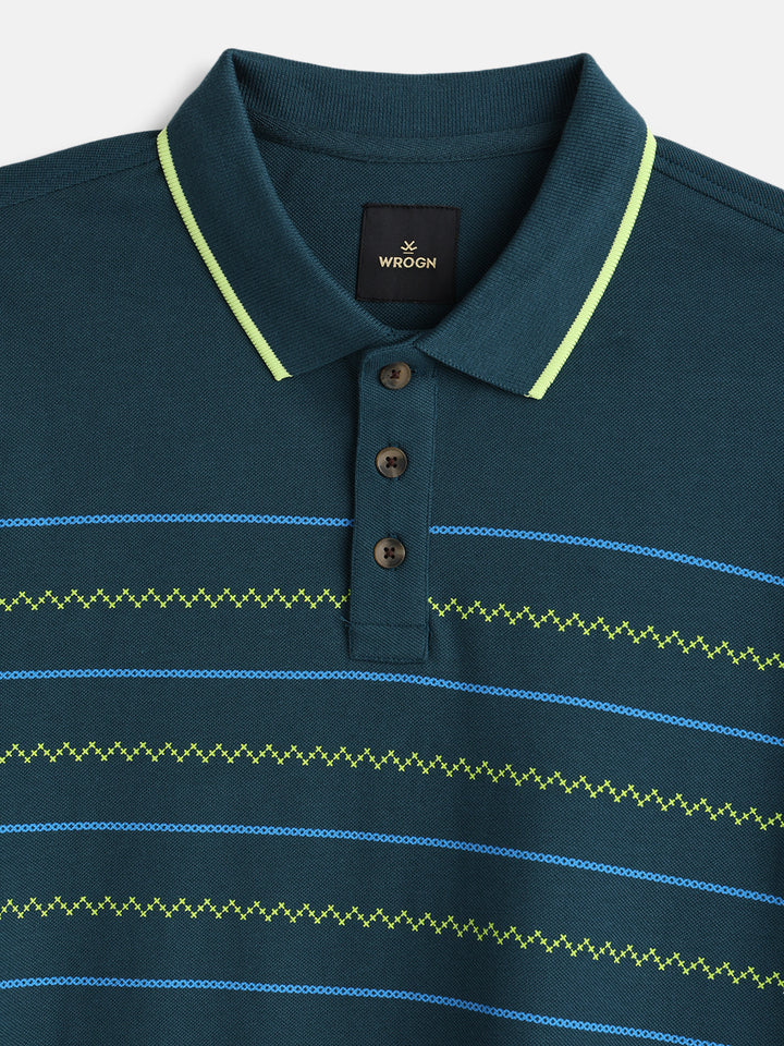 Embroidered Look Engineered Aop Polo T-Shirt  | Teal