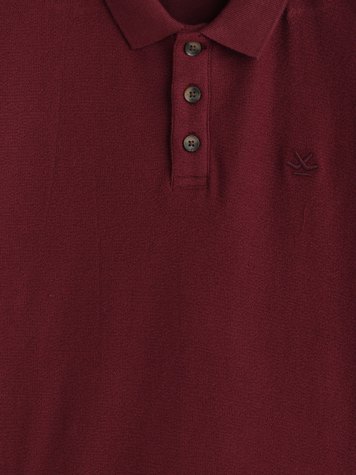 Solid Crinkle Texture Polo T-Shirt | Maroon