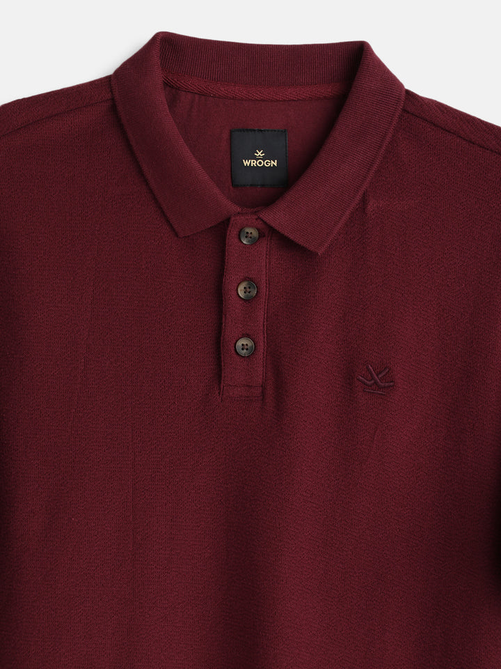 Solid Crinkle Texture Polo T-Shirt | Maroon