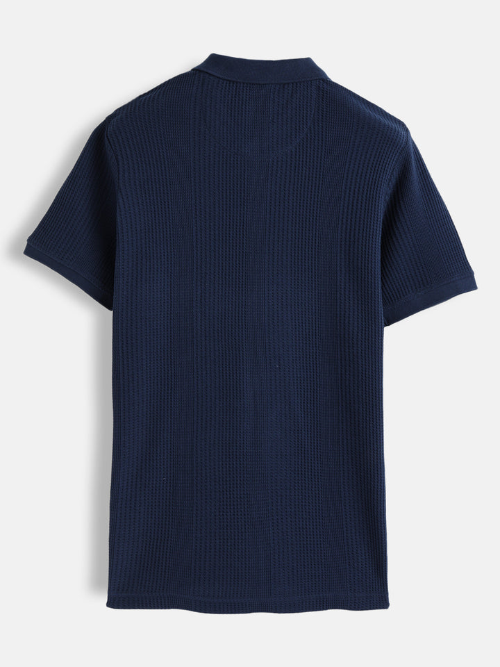 Waffle Textured Polo T-Shirt -  | Navy Blue