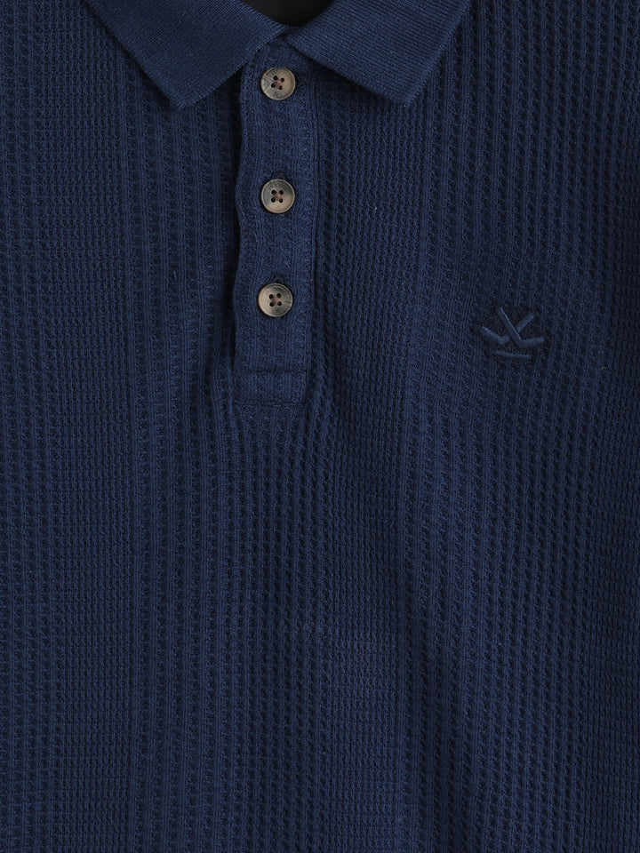 Waffle Textured Polo T-Shirt -  | Navy Blue