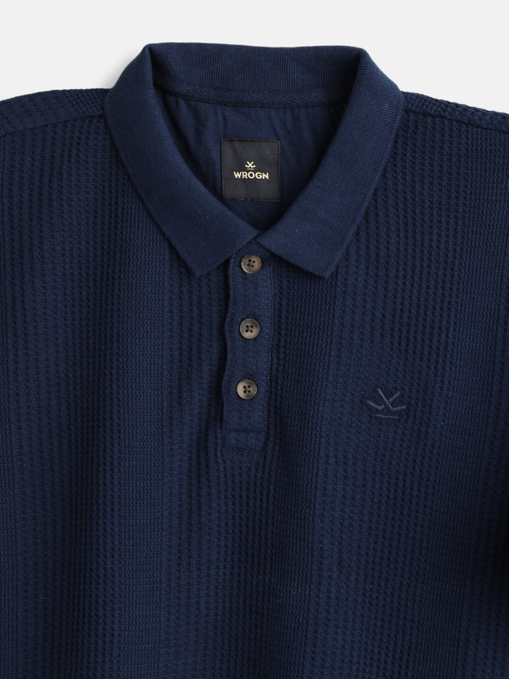 Waffle Textured Polo T-Shirt -  | Navy Blue