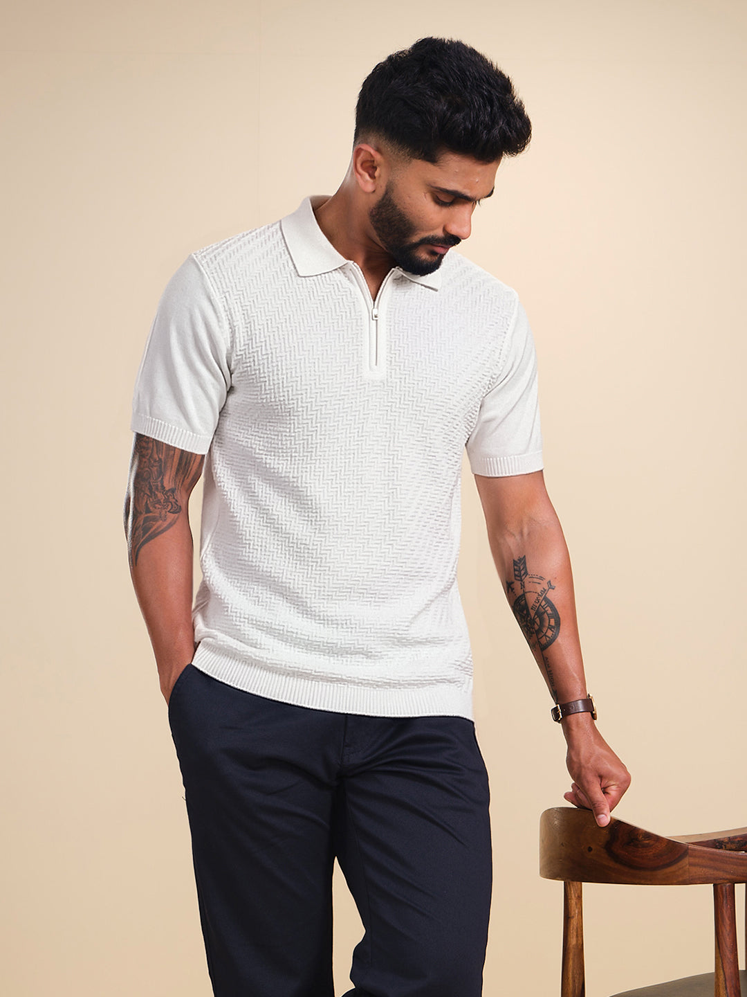 Men's Textured Zip- Up Polo T-Shirt  |  White