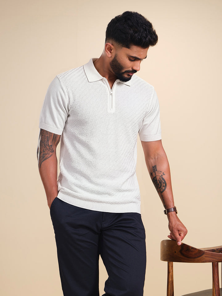 Men's Textured Zip- Up Polo T-Shirt  |  White