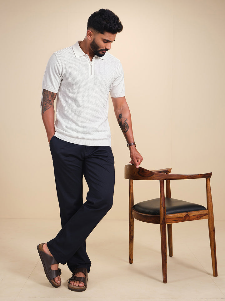 Men's Textured Zip- Up Polo T-Shirt  |  White