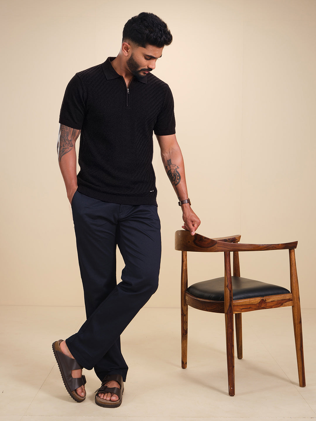Men’s textured zip polo tshirt | Black