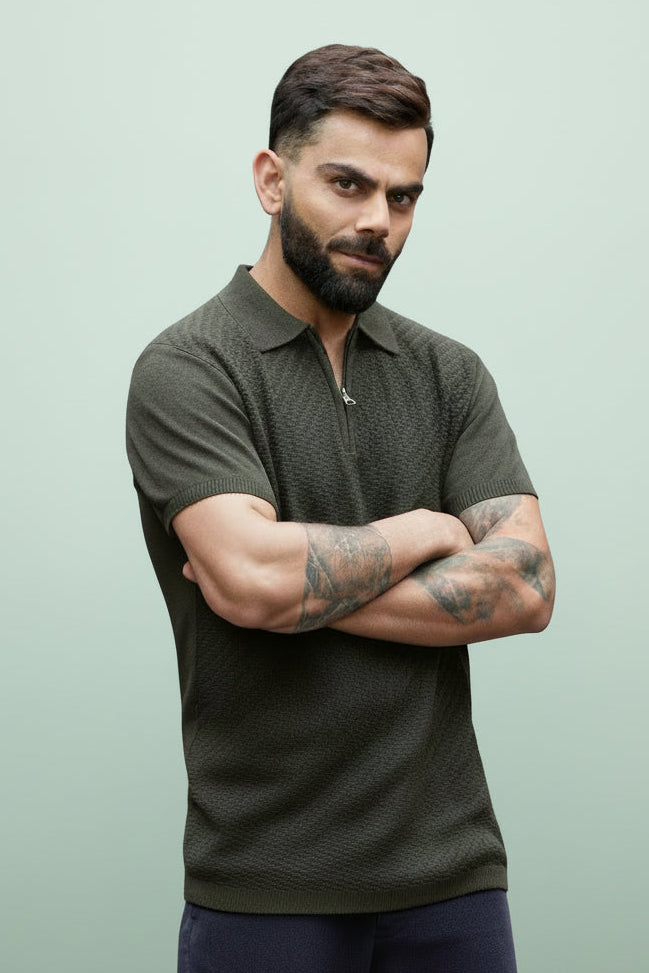 Textured Men's Casual Slim Fit Polo T-Shirt | Olive