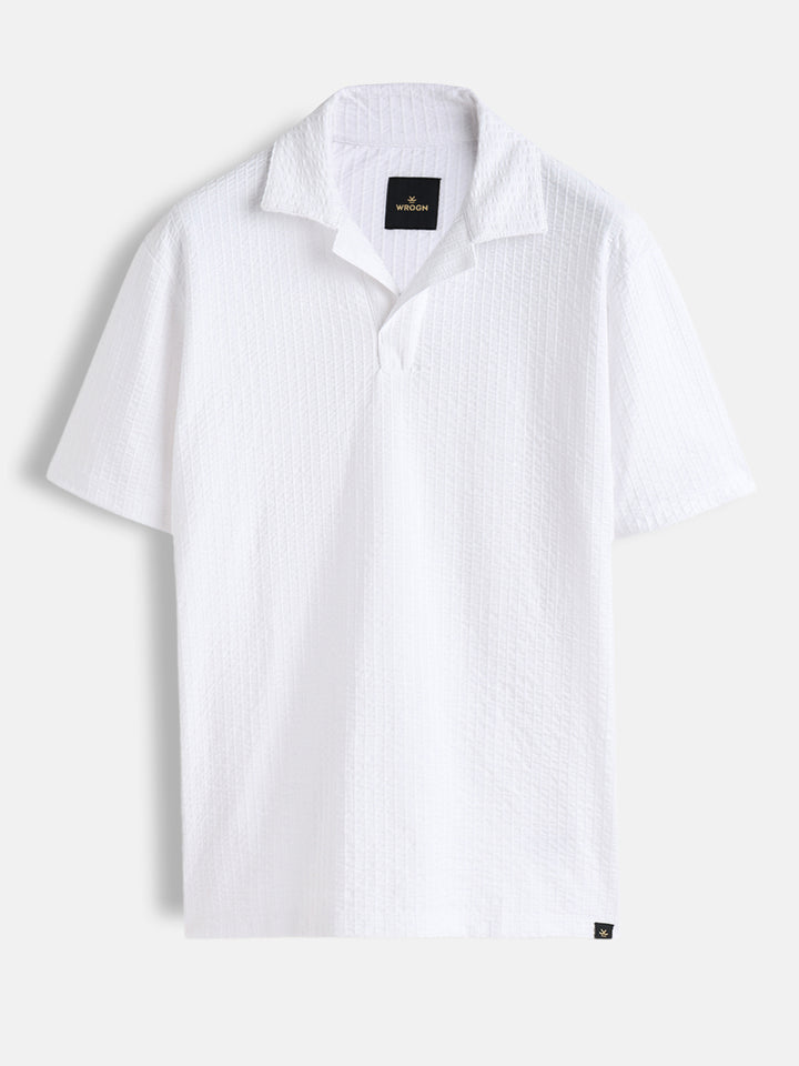 Resort Collar Textured Seersucker Fabric Polo T-Shirt  | Off White