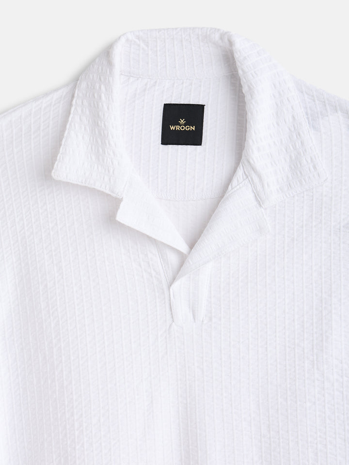 Resort Collar Textured Seersucker Fabric Polo T-Shirt  | Off White