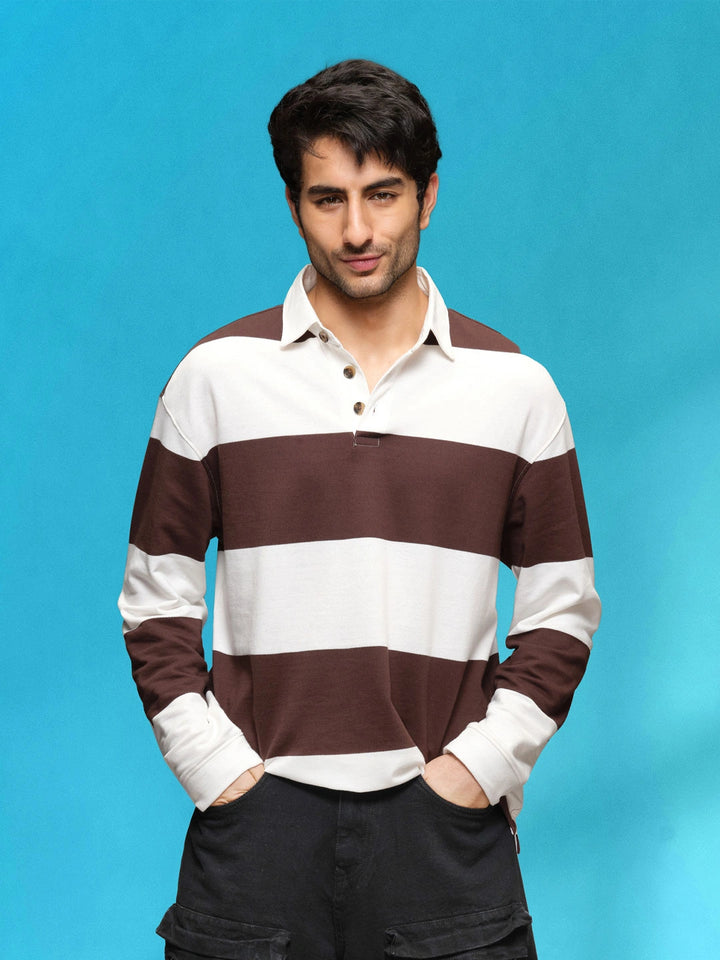 Yarn Dyed Striped Rugby Polo With Twill Collar | Brown