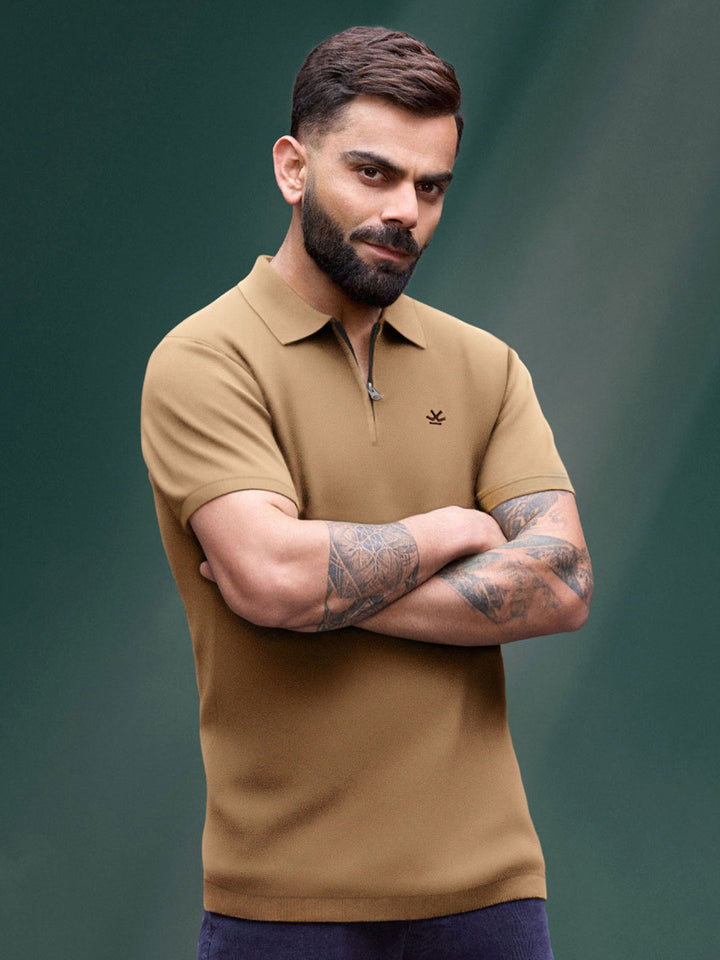 Zipper Polo T-Shirt | Beige