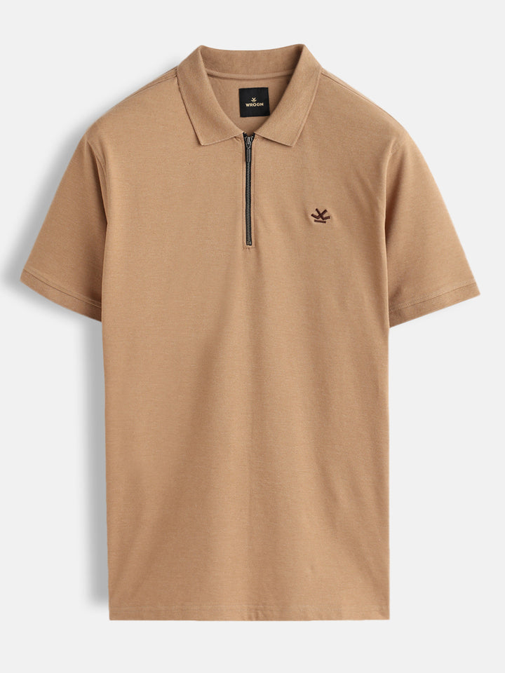 Zipper Polo T-Shirt | Beige
