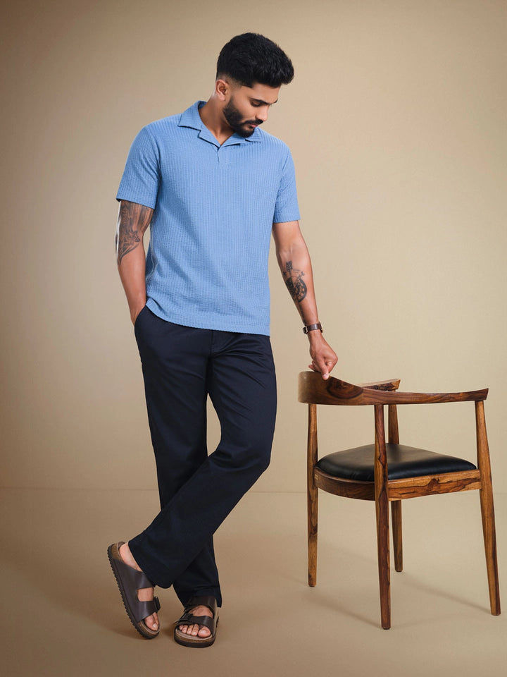 Resort Collar Textured Seersucker Fabric Polo T-Shirt | Blue