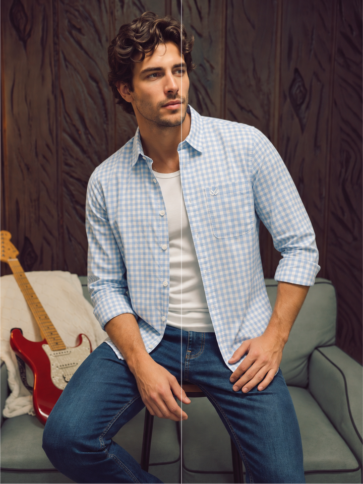 Slim Fit Checkered Full Sleeve Shirt | Light Blue