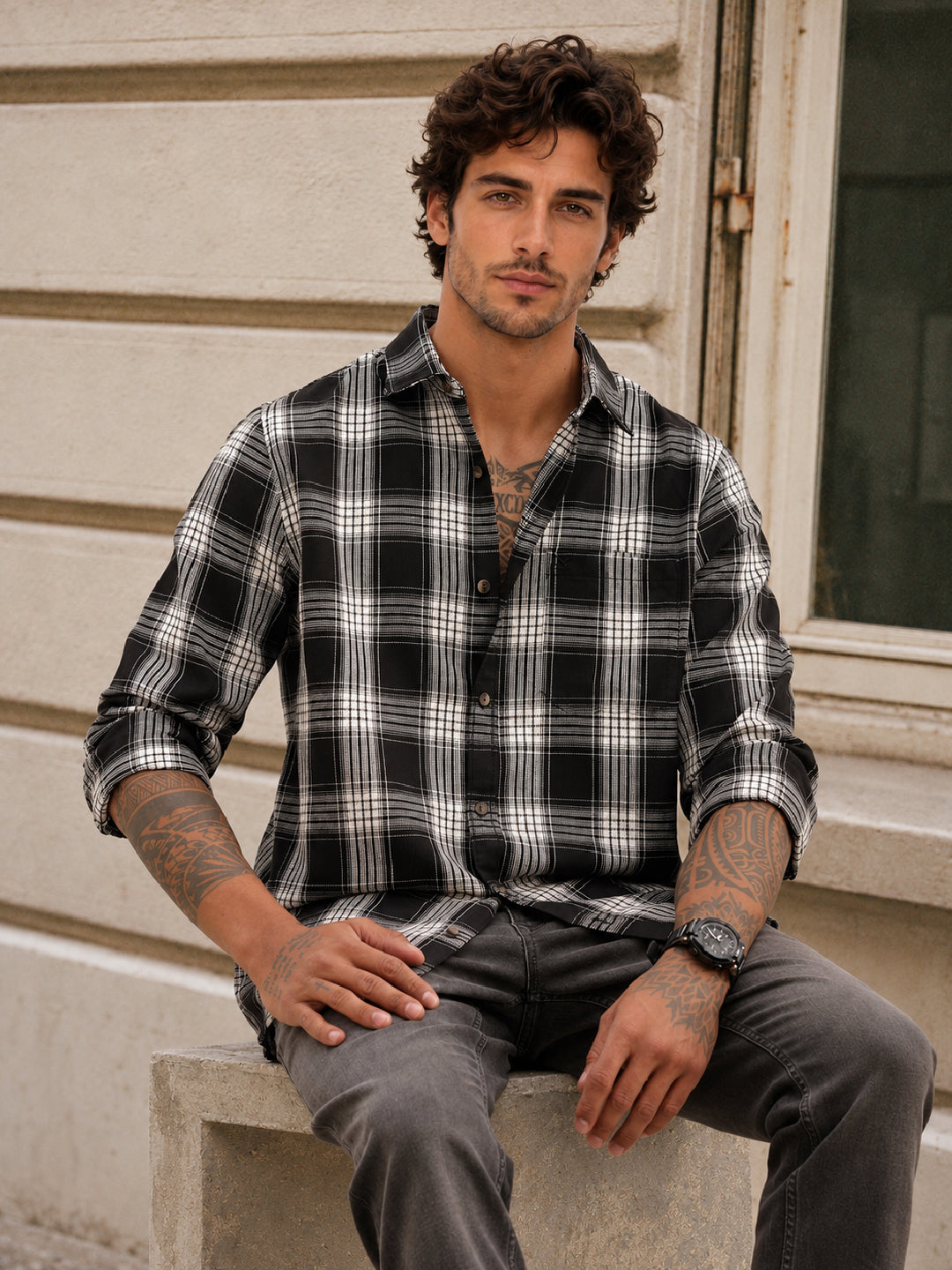 Regular Fit Full Sleeve Checkered Shirt | Black