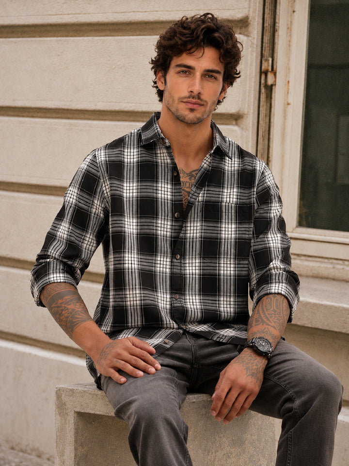 Regular Fit Full Sleeve Checkered Shirt | Black