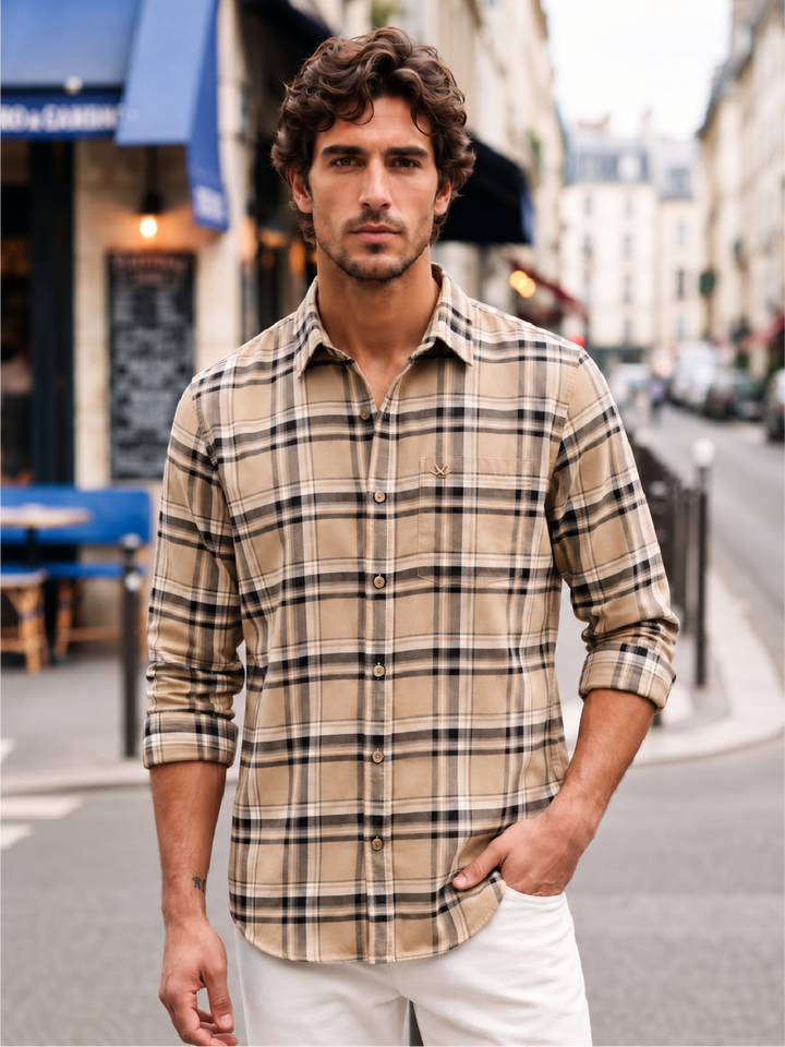 Regular Fit Full Sleeve Flannel Shirt | Beige